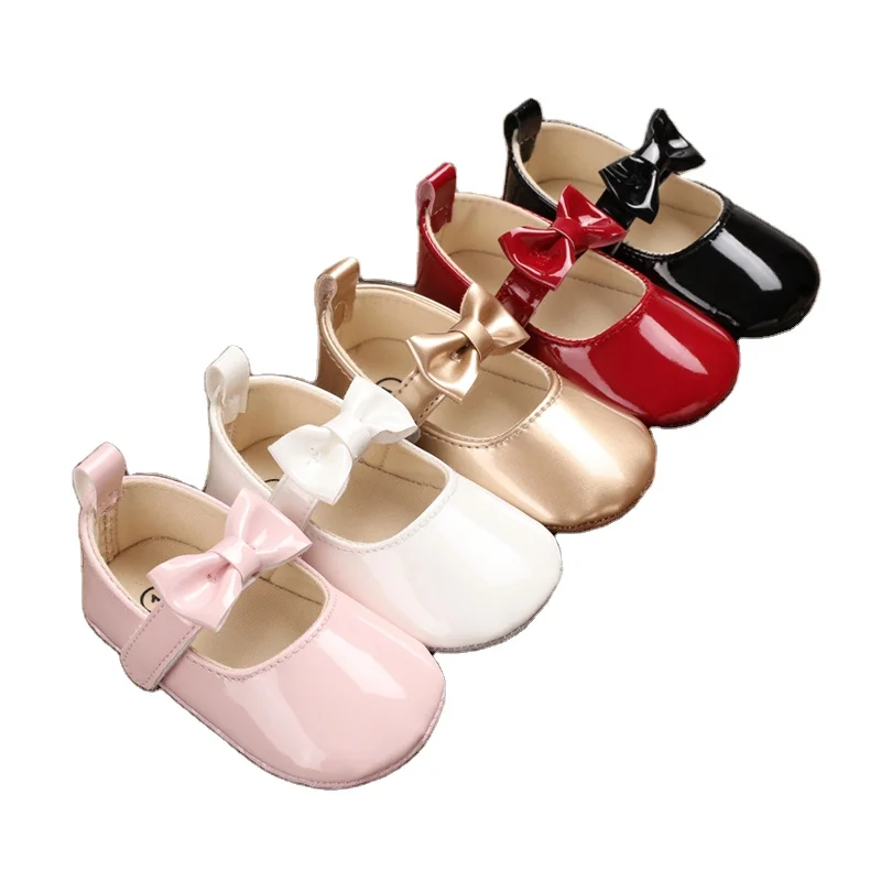 

Low MOQ Pu leather beautiful 6 month bowknot dress infant baby girl shoes, 5 colors