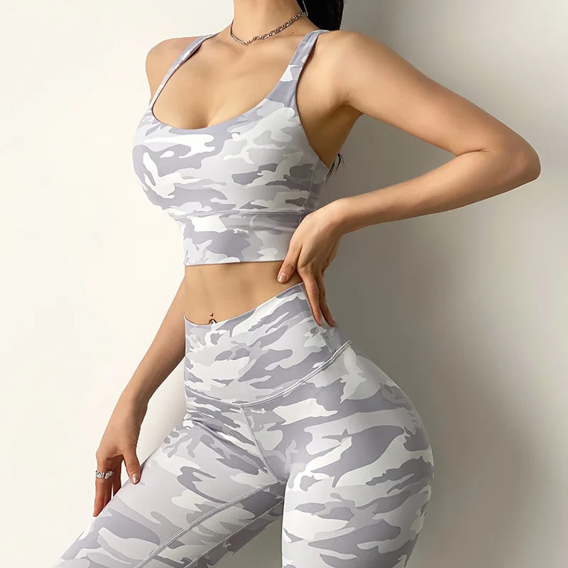 

custom logo tie set sports bra and legging set fitness bodysuit sport Camouflage Suit sets for woman, Picture color