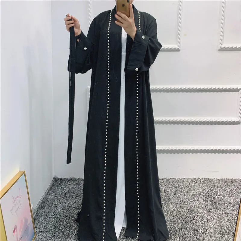 

New Arabic Dubai Abaya Kimono Muslim Burka Women Beading Pearl Turkey Kaftan Islamic Clothing Open Front Abaya, 4 colors in stock accepted customzied design