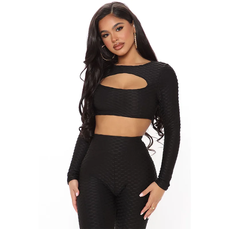 

2021 Womens Fitness Wear jacquard Gym Wear Sets Hollow Out Top Casual Leggings with Yoga Apparels