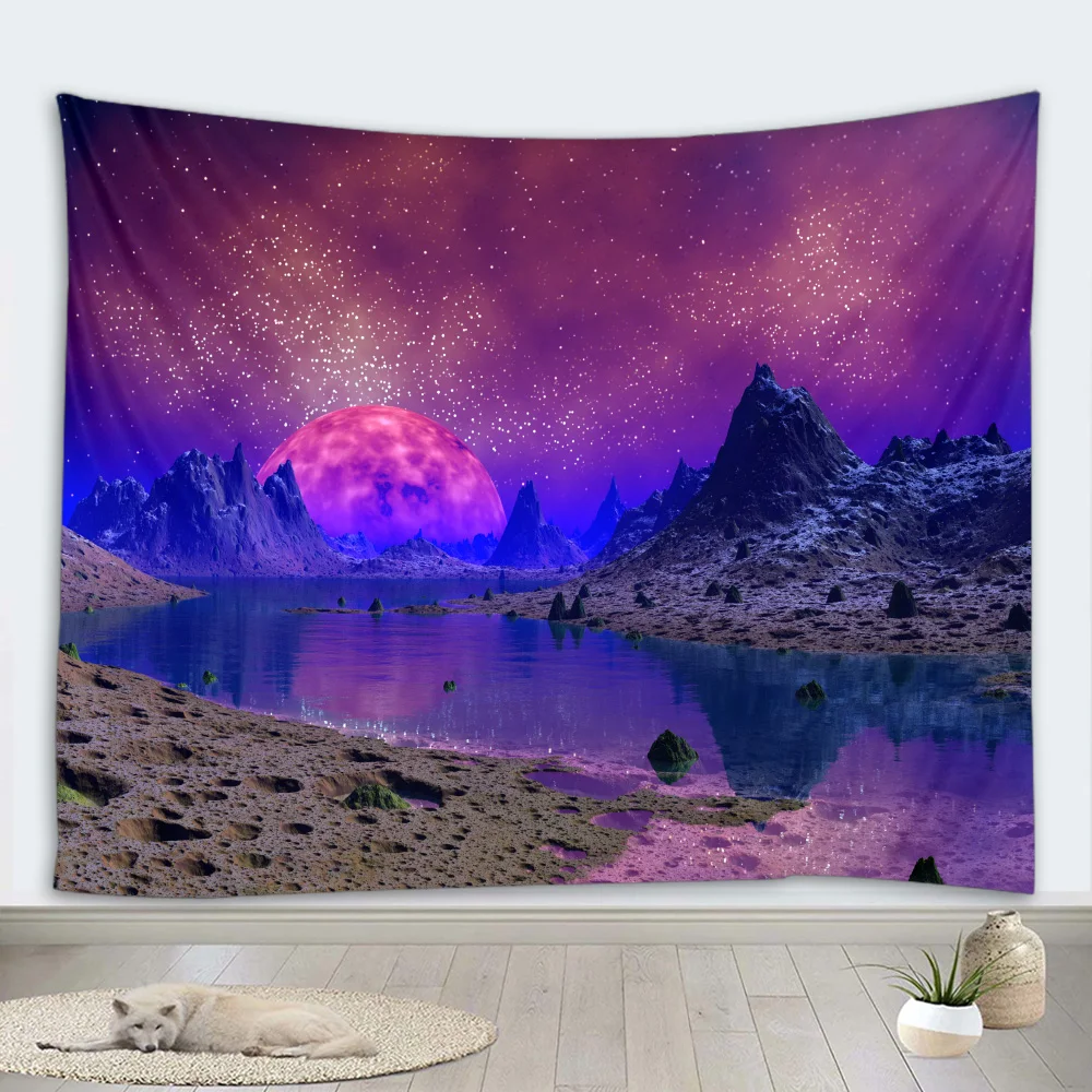 

Purple Moon and Stars Tapestry Wall Hanging Blue Mountains Nature Views Landscape Tapestry Dorm Living Room, Customized color