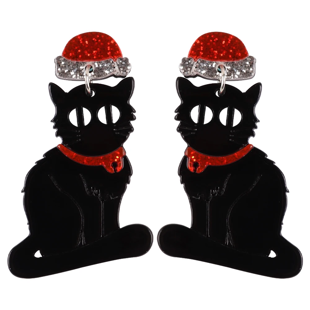 2024 Gothic Black Cat Christmas Hat Sequins Scary Creepy Acrylic Earrings for Women