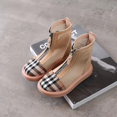 

Girl Baby Mesh Hollow Breathable Roman Shoes Summer Girl Zipper Style Small High Top Princess Shoes For Middle School Child, Black khaki