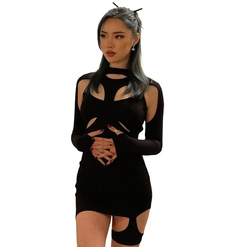 

Bodycon Dress Women Black Round-Neck Long Sleeves Hollow Slim Fit Woman Dresses New Arrivals 2021 Sexy Summer Street Vacation