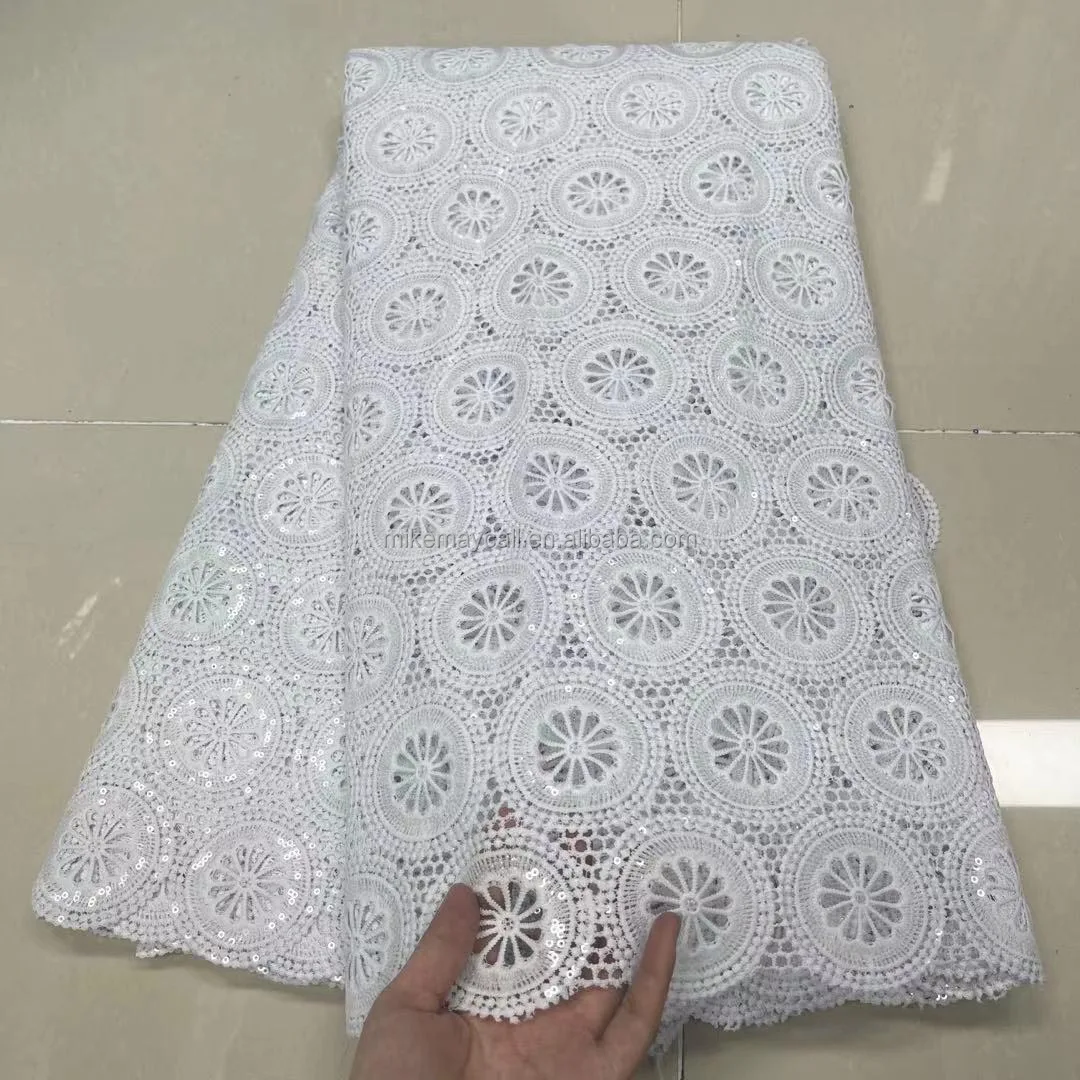 

2021 Latest white African French Lace Fabric Embroidered Nigeria Guipure Tulle Lace Fabric With Beads For Party