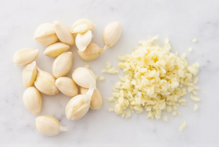 Measurement comparison showing two garlic cloves minced equals one teaspoon of fresh minced garlic