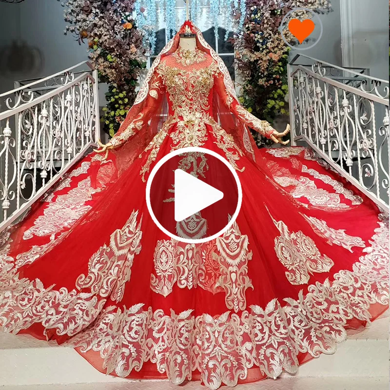 

HTL880 high neck golden applique long sleeves red vintage wedding dress with long veil