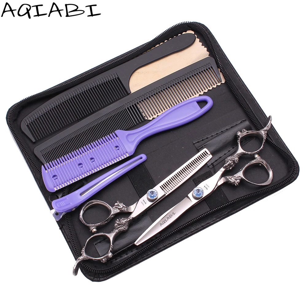 

Hair Scissors Professional Cutting Barber 5.5" 6'' AQIABI Japan 440C Thinning Scissors Hairdresser Scissors Haircut Set A9108, Silver