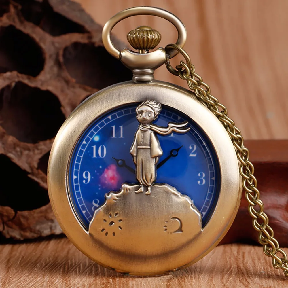 

Classic The Little Prince Theme Pocket Watch Chains Necklace Pendant Planet Blue Vintage Quartz Pocket Watch (KWT2211), As the picture