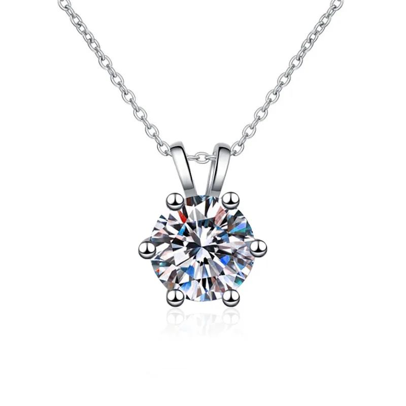 New Classic Six-Claw S925 Sterling Silver Necklace for Women 1 Karat Moissanite Simple Lock Chain Elegant Temperament for Gifts