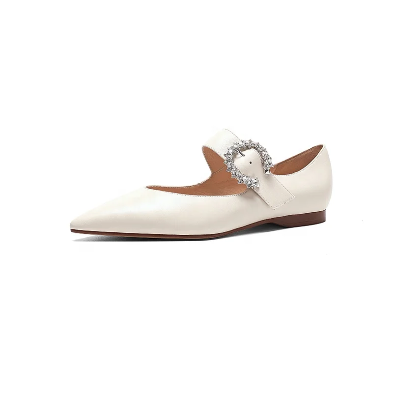 

2021 new cream white flat princess shoes with pointed toe leather shoes for women