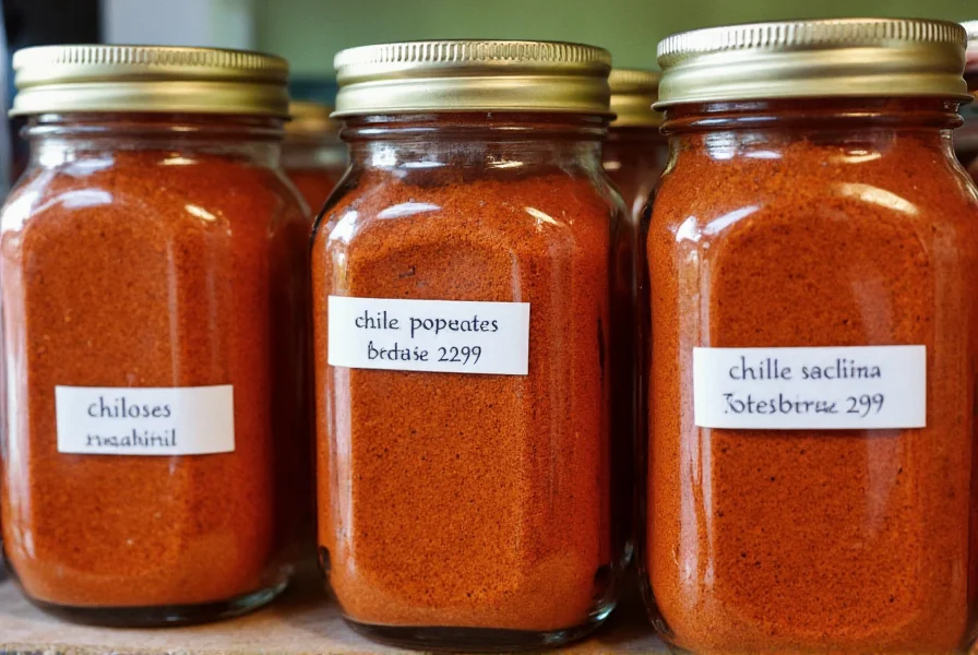 Properly stored chili spice in glass jars with labels showing preparation date