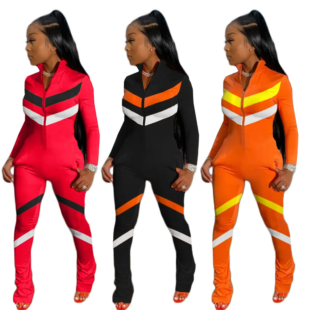 

Long sleeve GYM Jumpsuit Women Fall Rompers Striped Jumpsuits Womens 2021 Playsuit One Piece Pocket Stacked Pants Jumpsuit