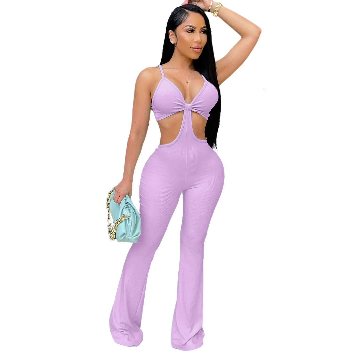 

2021 Women New Arrivals Summer Fashion Sexy Ruffle V-neck Flared Clubware Jumpsuit Skinny for Female Wholesale OEM ODM