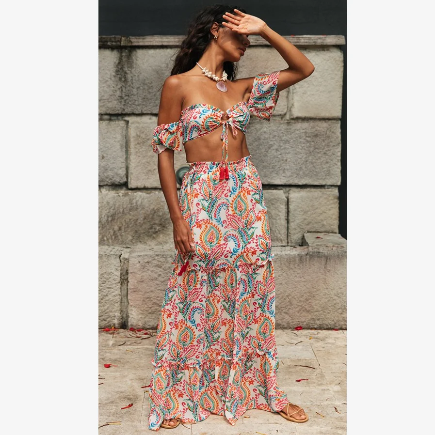 

Hot Bohemian Women Casual Skirts Set with tops Holiday Style Outing Asymmetrical Splice Tassel Lace up Pleated Long Maxi Dress