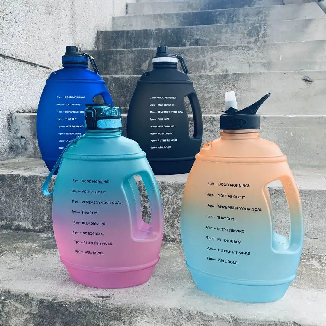 

Large Volume Plastic 3.78L One Gallon Motivational Water Bottle Wide Mouth with Straw & Time Marker