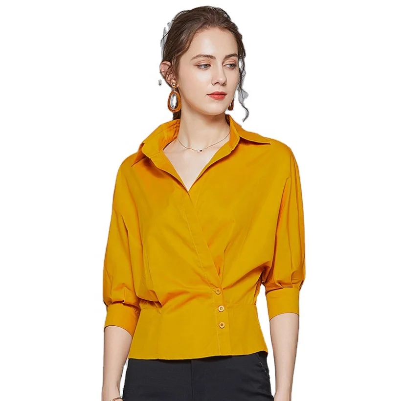 

B15000A Latest lady elegant yellow blouse shirts pretty women tops