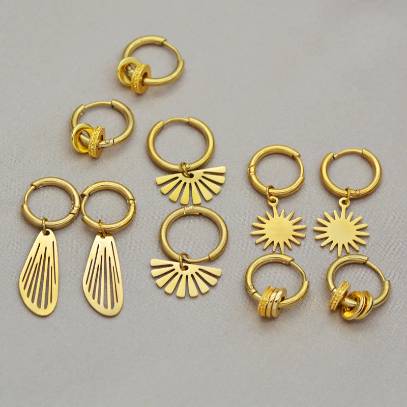 

2021 Newest Arrival 14k Gold Plated 316L Stainless Steel Geometric Hoop Earrings Titanium Steel Sun Drop Earrings