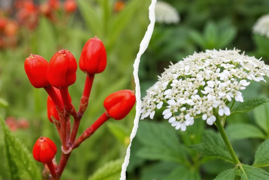 Side-by-side comparison of yarrow plant with feathery leaves and white flower clusters next to red pepper plants