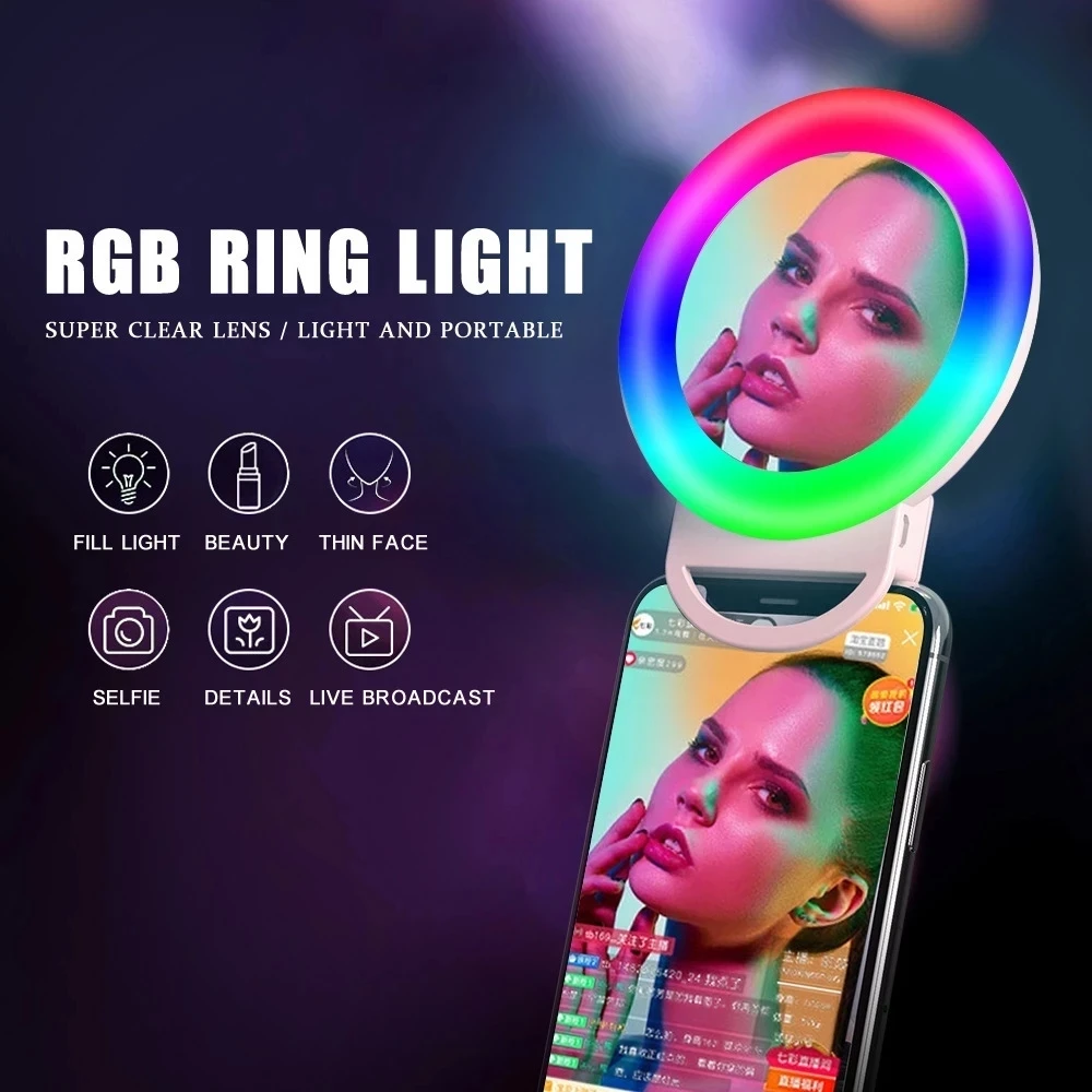 

LED RGB colourful Clip on Selfie Cosmetic Makeup Ringlight with mirror for promotion
