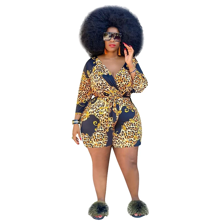 

2020 New Fashion popular fall women jumpsuits leopard print V neck long sleeve belt women jumpsuits