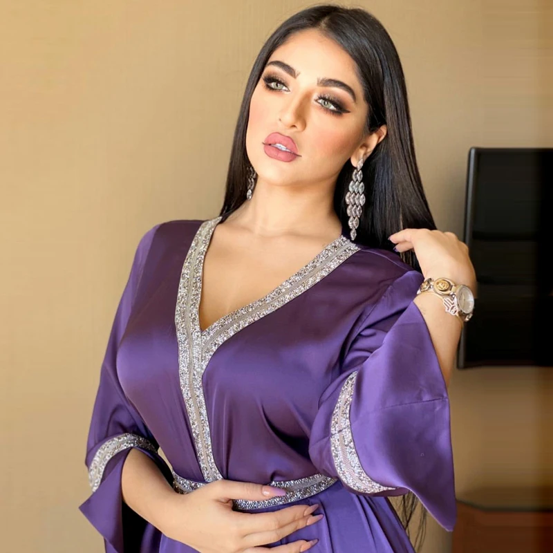 

High Quality Satin Maxi Dress For Women Turkey Arabic Diamond V Neck Long Sleeve Jalabiya Muslim Islamic Ethnic Abaya Fall