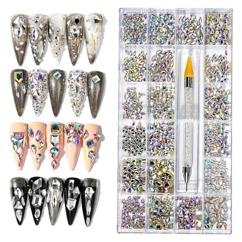

Crystal AB Flatback HotFix Nail Art Rhinestones Mixed Sizes Flat Shiny 3D Glass Decorations Wax Pen Set Tool