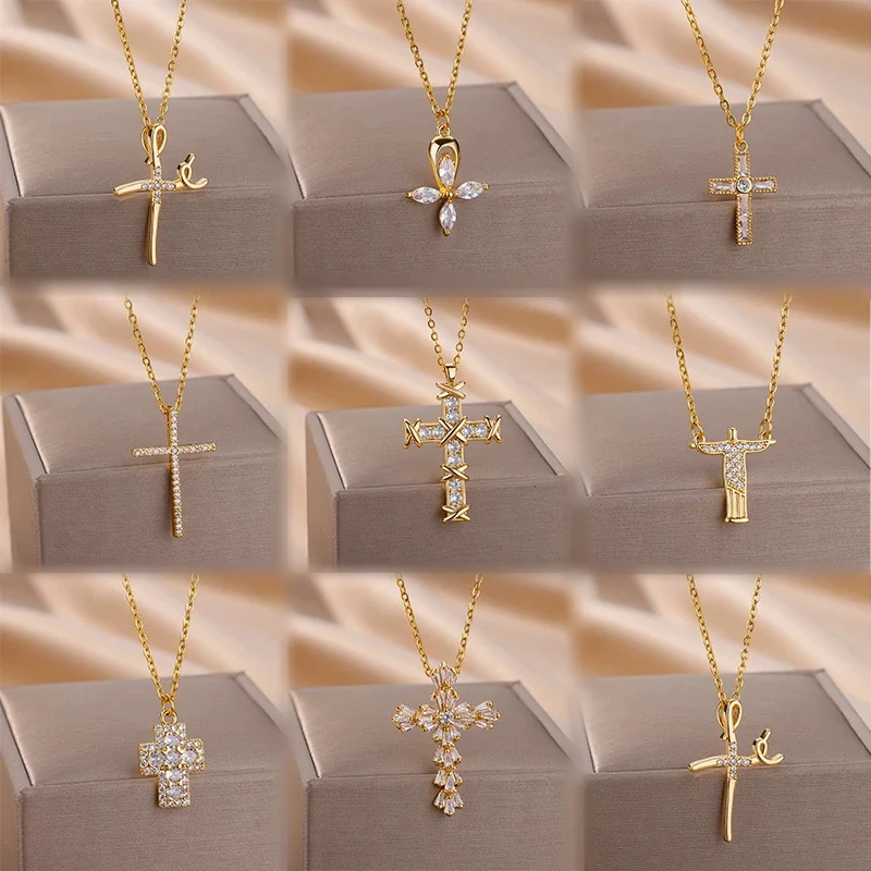

Fashion Zircon Cross Pendant Necklaces For Women Gold Color Chain Stainless Steel Clavicle Necklace Jewelry Gift
