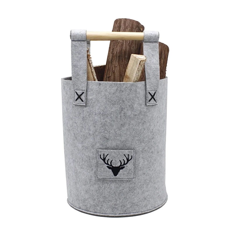 

cylinder felt storage basket Laundry Basket firewood baskets with wood handle, Grey or custom