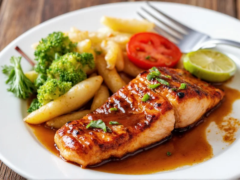 Teriyaki glazed salmon with vegetables plating