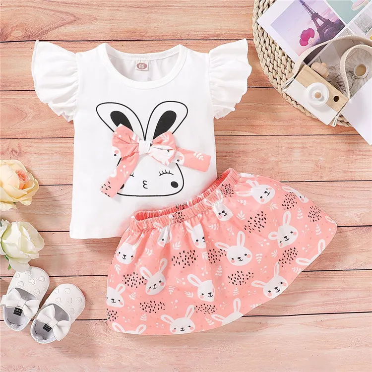 

Cute Girls' Clothing Sets Summer Short Sleeve Cotton Tshirt with Rabbit+Printed Skirts 2Pcs Children Outfit Baby Girl Dress Set, White