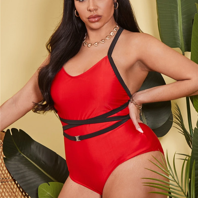 

New Style Bodysuit Bandage Cross Swimwear Round Neck Red Solid Bathing Suits Women Plus Size Swimsuit One Piece