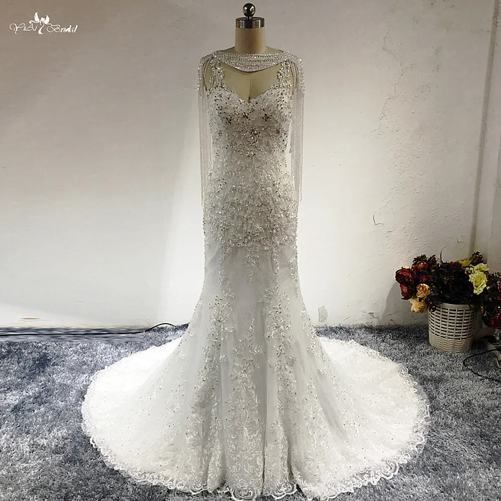

RSW1545 Removable Wedding Beaded Cape With Tassel Sexy African Women Luxury Beaded Lace Mermaid Wedding Dress Bridal Gown, Customer made
