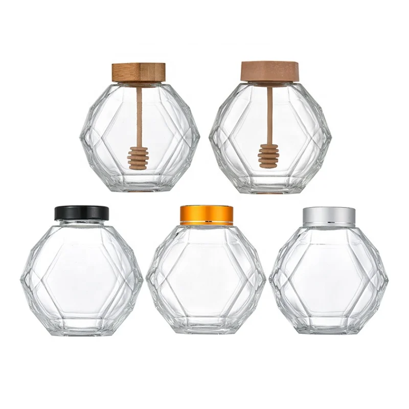 

200ml 380ml Hexagon Shape Honey Pot of 250g and 500g honey Glass Jar with Wooden Dipper and Cork Lid Cover for Home Kitchen, Transparent
