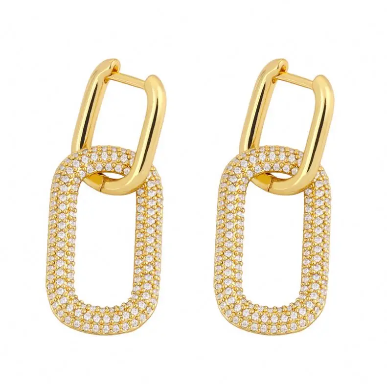 

Fashion Double Loop Lock Drop Earrings 18k Gold Brass Cubic Zircon Earrings Geometry Huggie Jewelry