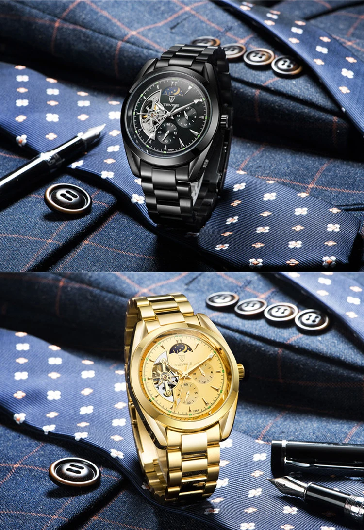 TEVISE 795A new design gold man mechanical watch potty steel Strap Waterproof moon phase full automatic business watch design