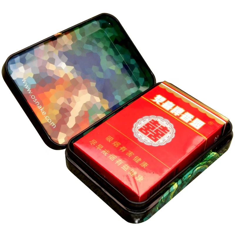 Rectangular hinged metal cigarette/cigar/tobacco/playing card tin case/box