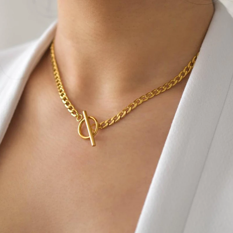 

Trendy Gold Stainless Steel Chunky Curb Chain Necklace Toggle Necklace for Women Jewelry