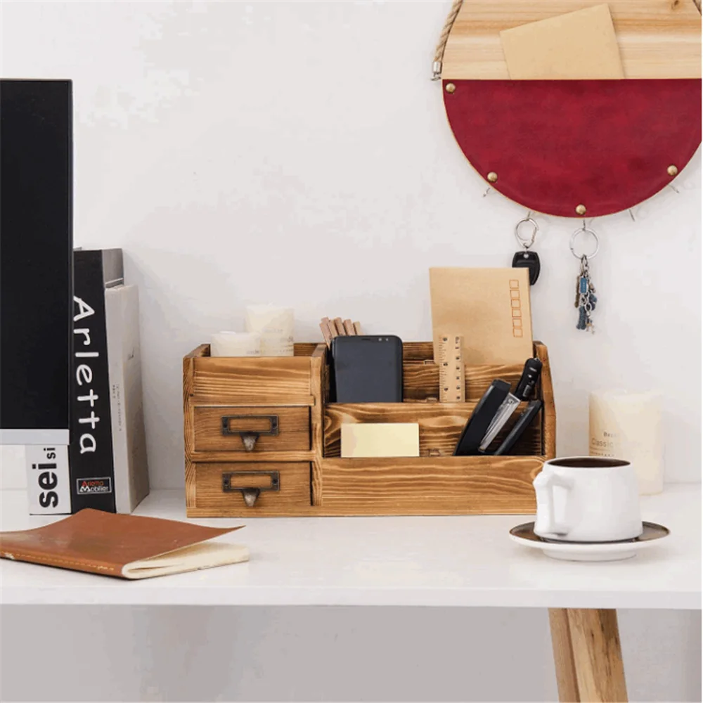 Country rustic style brown tabletop storage cabinet stepped rack best selling wood desktop organizer paper storage