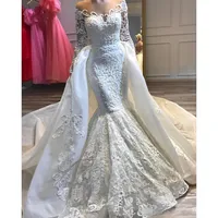 

Luxurious Lace Beaded Wedding Dresses with Detachable Train Long Sleeves Sheer Neck Bridal Gowns Bride Wear Customized
