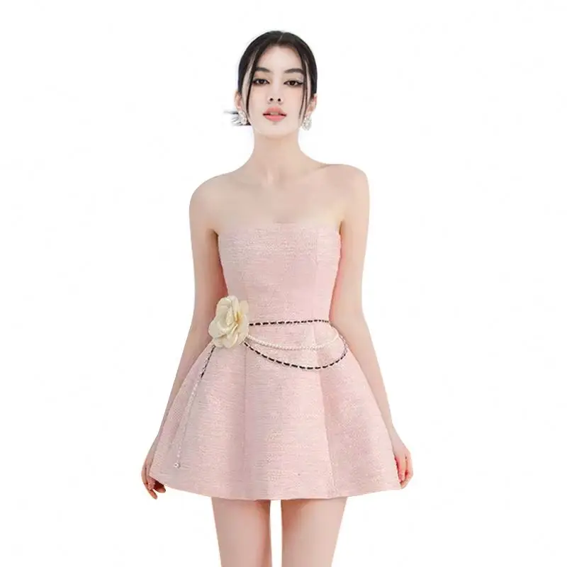 

Bettergirl 2023 new light luxury socialite pink tweed tube top high waist dress short coat two-piece set