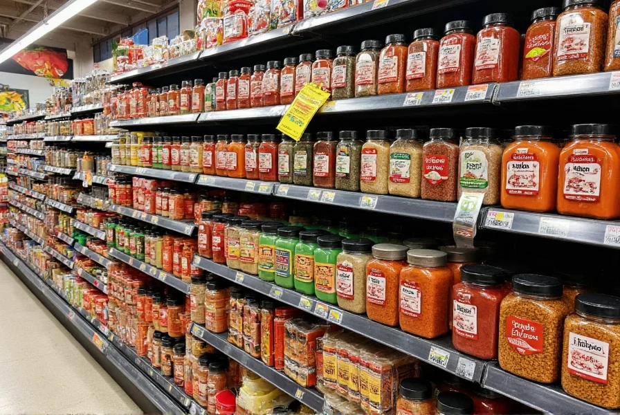 Grocery store spice aisle showing where to locate Aleppo pepper substitutes in international food sections