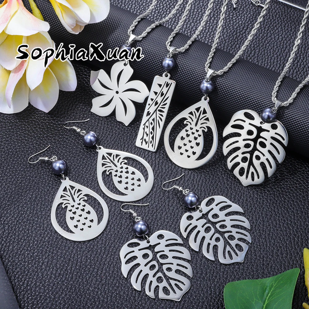 

SophiaXuan fashion samoan sets necklace earrings tribe stainless steel pineapple polynesian hawaiian jewelry set wholesale, Picture shows