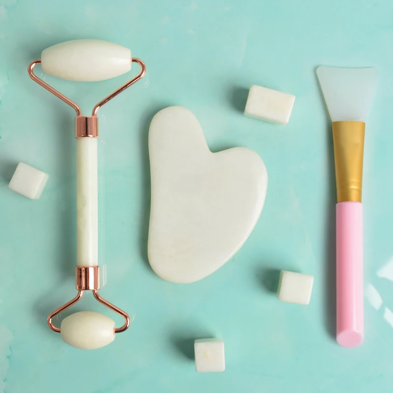 

Gua sha jade natural roller 3 in 1 set skincare tools popular natural jade gua sha set, White