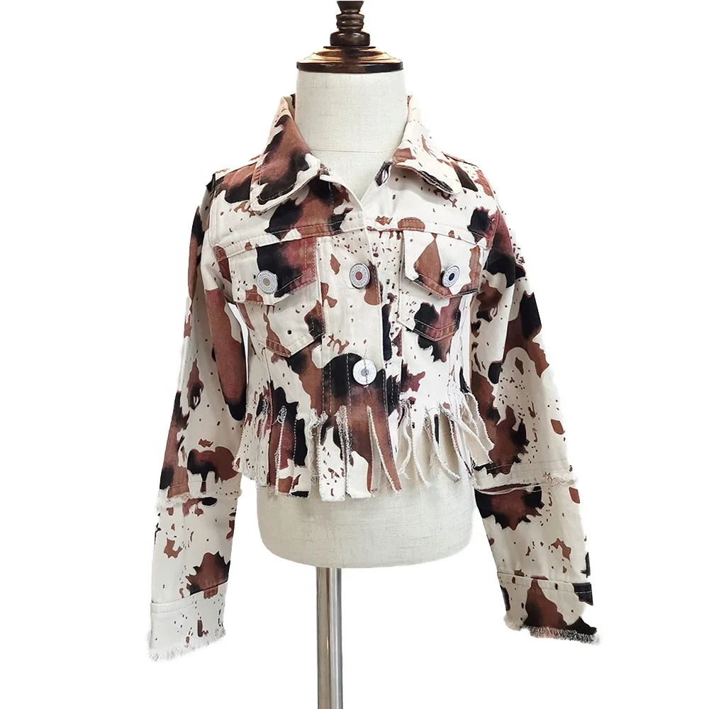 

Free shipping cow print denim jacket Girls tassel jacket Kid cow print jacket