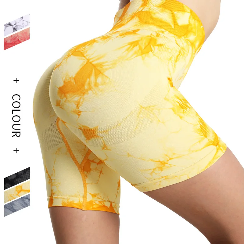 

Tie dye sports yoga shorts active booty women's high waist peach hip lifting tight seamless sports running fitness yoga shorts