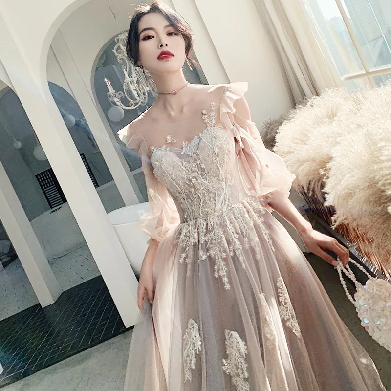 

Pink color Long sleeve net fabric beaded evening dresses & wedding dresses, As shown