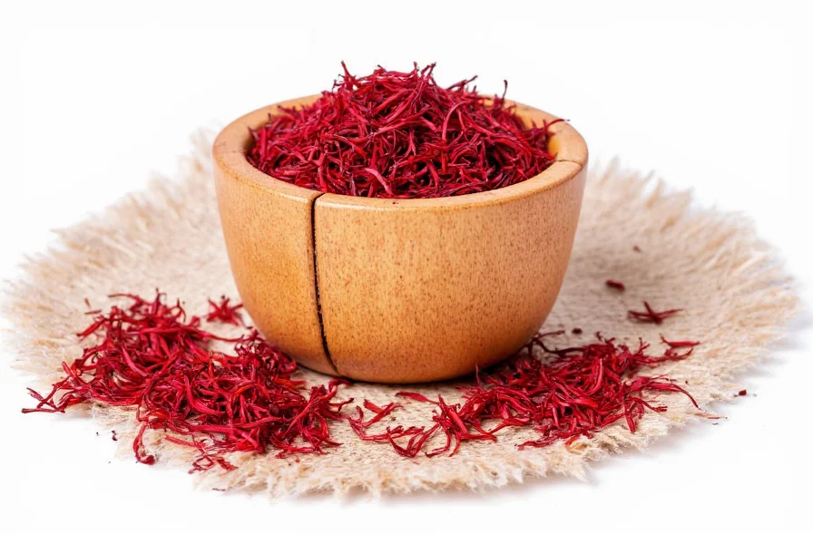 Close-up of saffron threads showing vibrant red stigmas with safety information overlay