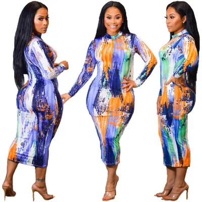 

B35262A 2020 Winter fashion lady sexy tie dyed print dress, Shown