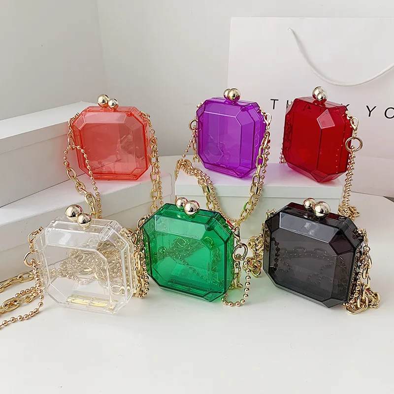 

Transparent Mini Chain Bag Women New Crossbody Gem Box Acrylic Shoulder Handbags Lipstick Purse 2021 Fashion Party Clutch, 6colors